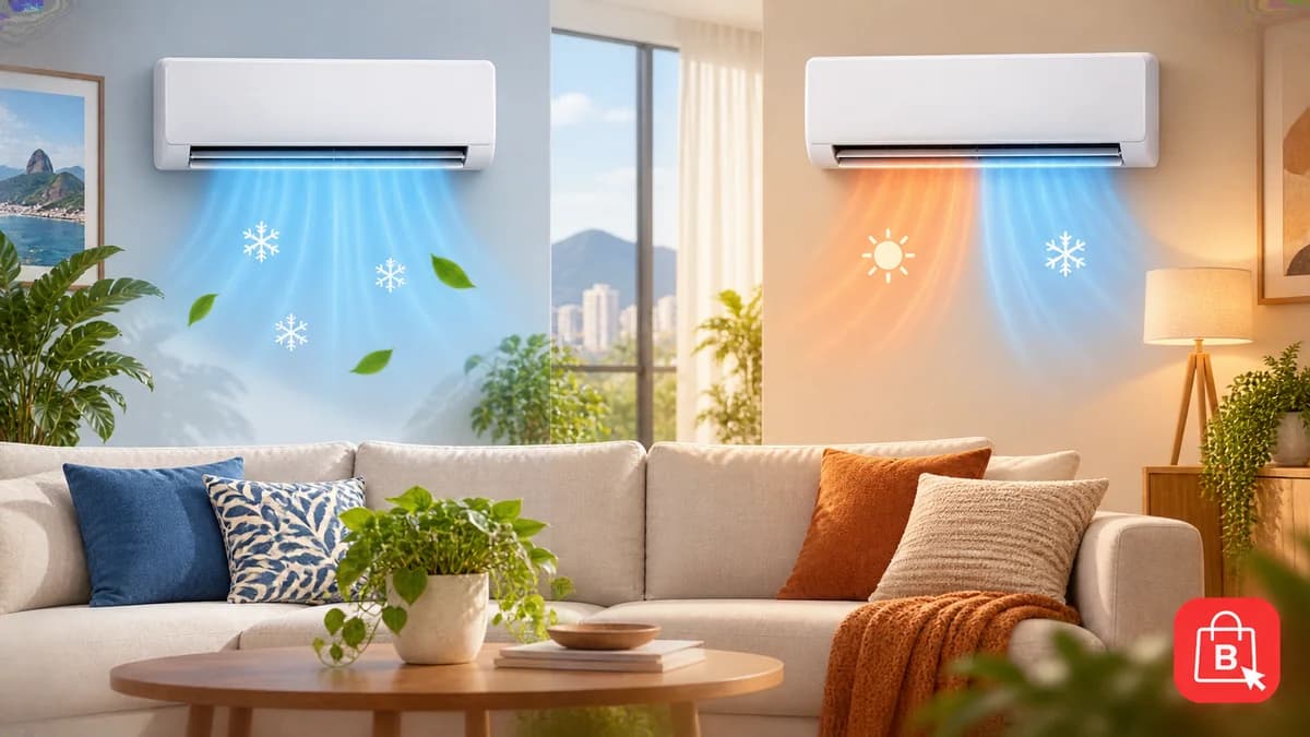 Sala dividida entre climatização fria e quente, com dois aparelhos de ar-condicionado e símbolo da Barganza