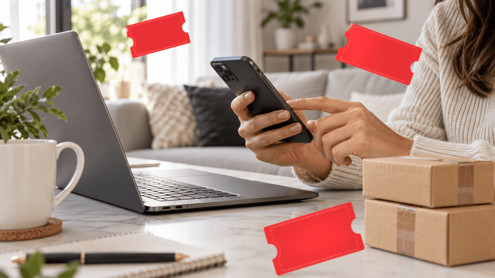 Pessoa usando um celular ao lado de um notebook e cupons vermelhos sem identificação