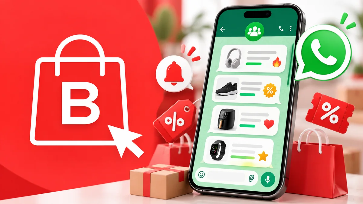 Celular com grupo de promoções ao lado do símbolo vermelho e branco da Barganza