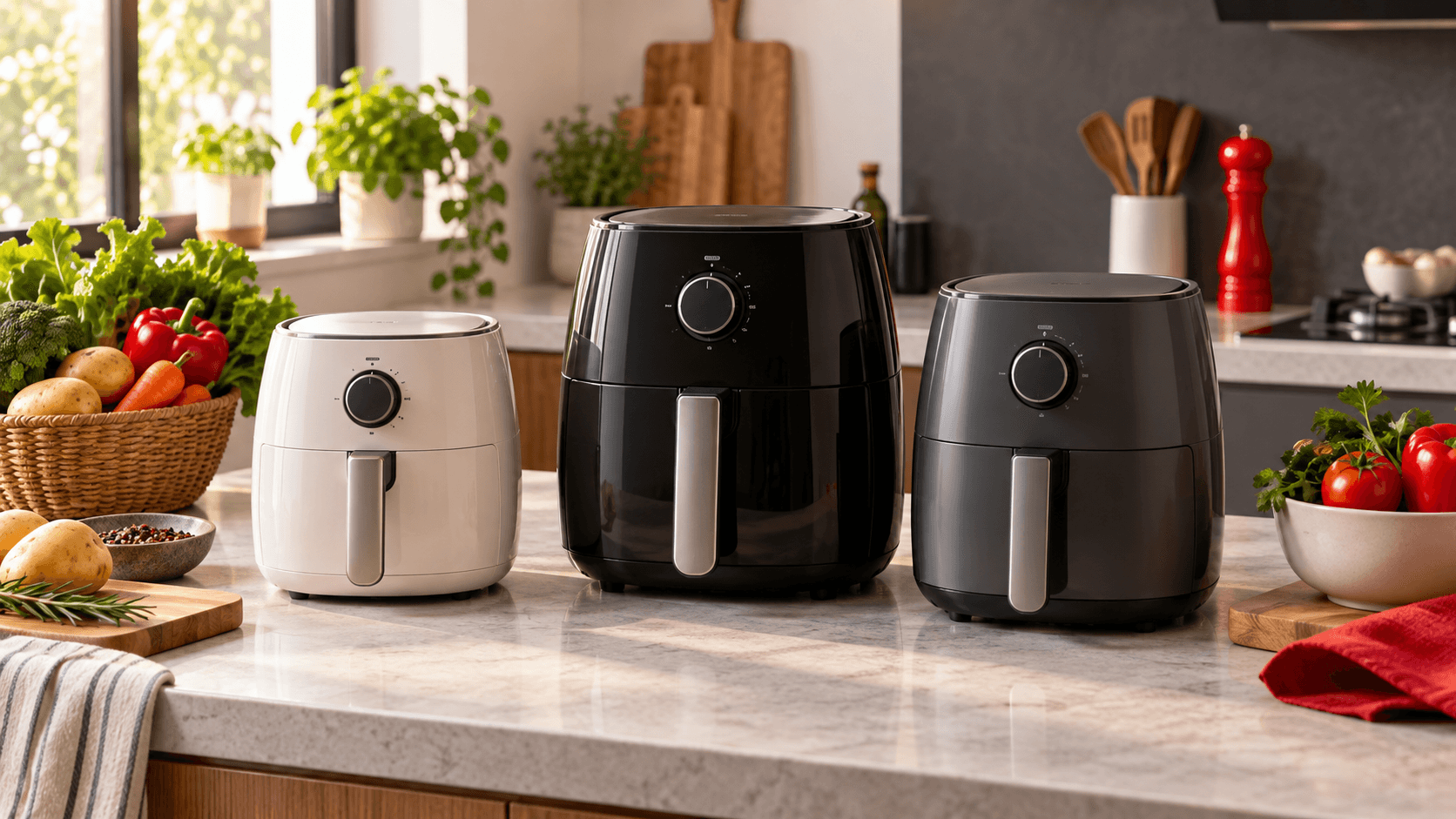 Três air fryers de tamanhos diferentes em uma cozinha, representando opções de compra