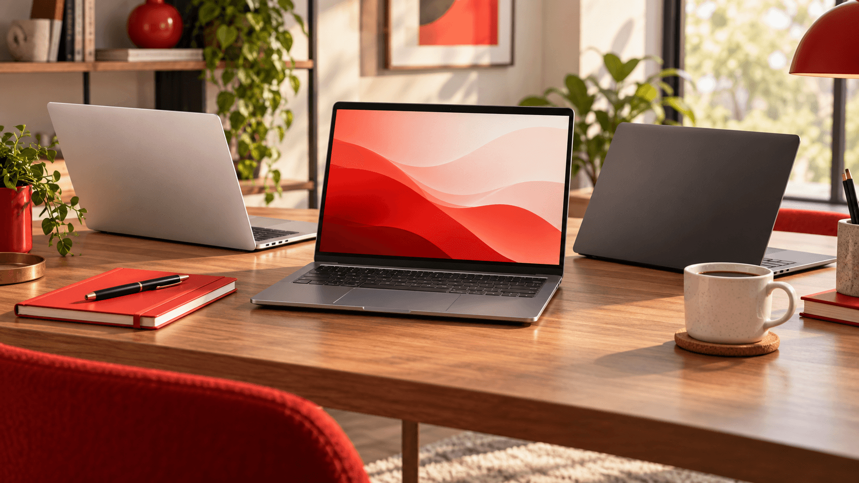 Três notebooks em uma mesa de trabalho iluminada, representando opções com bom custo-benefício