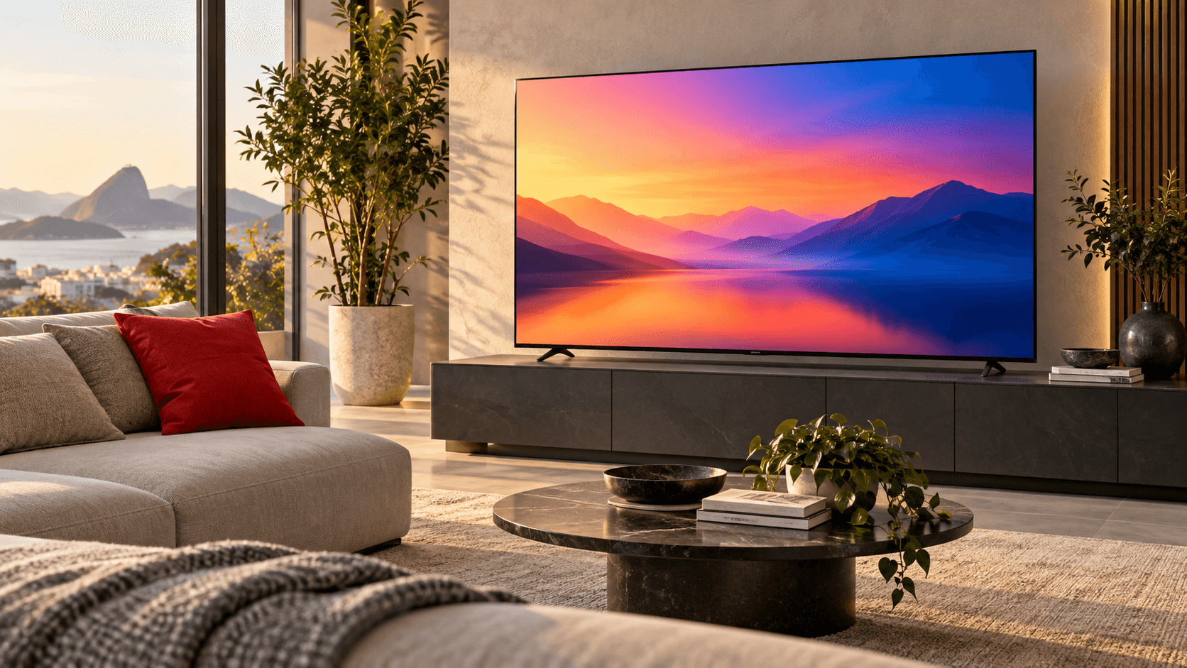 Smart TV 4K em uma sala moderna, representando opções com bom custo-benefício
