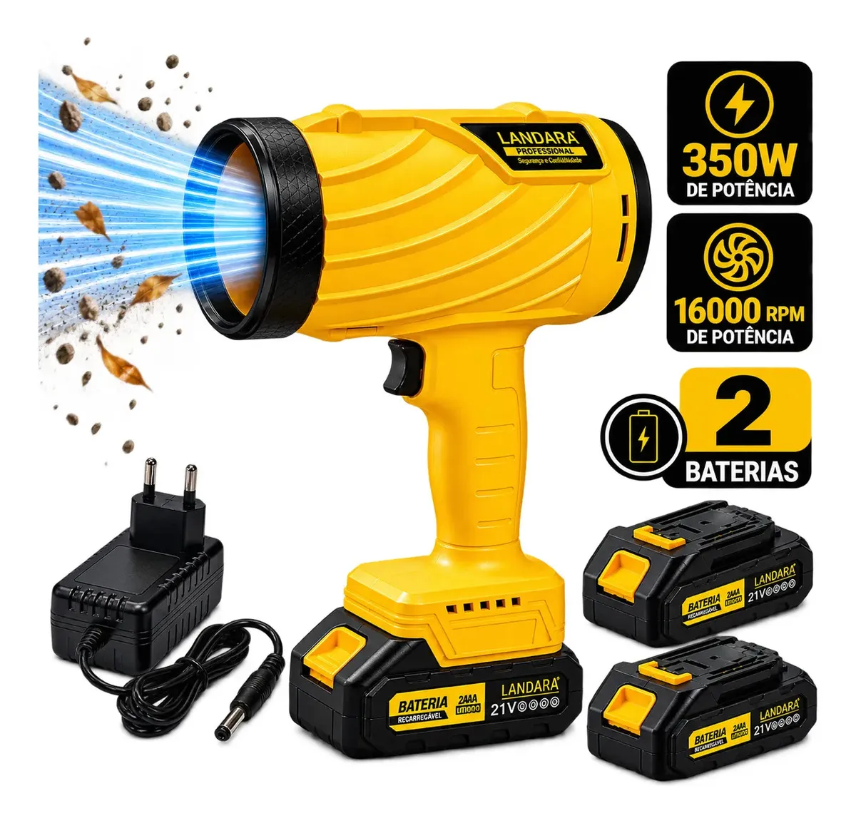 Soprador De Ar Eletrico Automotivo Folhas Potente Turbo 350W Com 2 Baterias
