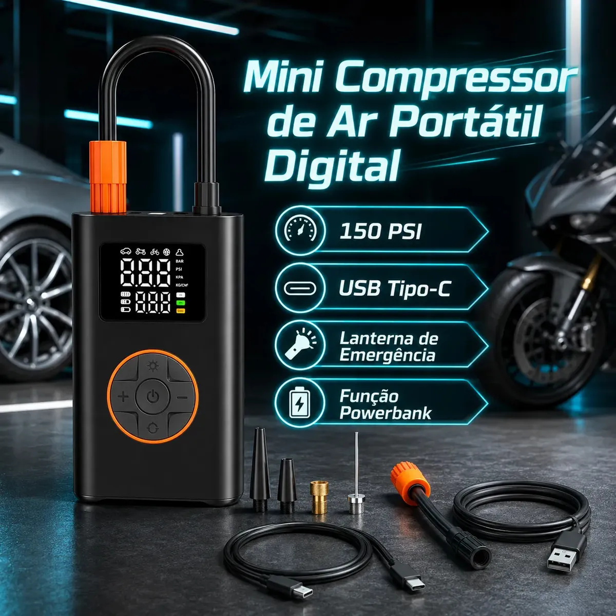 Compressor de Ar Digital Portátil Lumi, Sem Fio, Para Carro e Moto